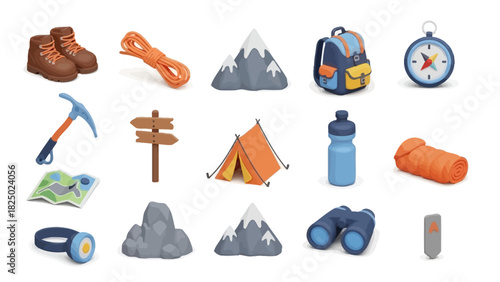 Collection of illustrated icons for outdoor adventure, hiking, and camping activities