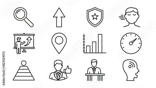 Collection of vector line icons representing business, finance, technology, and personal development