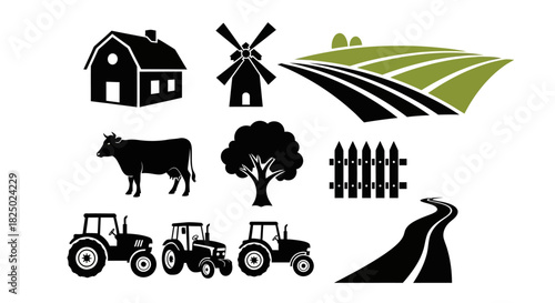 Comprehensive vector icon set depicting diverse farm life and agricultural elements, including traditional buildings, essential machinery, livestock, and scenic rural landscapes 