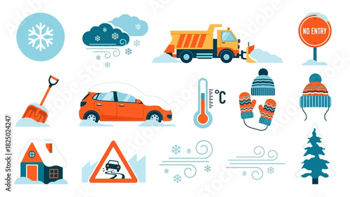 Winter weather icons set with snowflakes, snow, snowplow, car, house, thermometer, mittens, hat, and trees