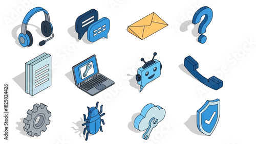 Isometric Customer Support and Digital Service Icons Set Communication, Technical Assistance, and Problem Solving Solutions for Online Helpdesk