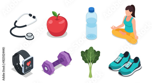 Health and Wellness Isometric Icons Apple, Stethoscope, Yoga and More for Healthy Lifestyle