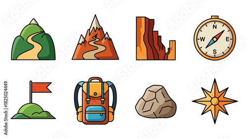Adventure and exploration icons including mountains, backpack, compass, and flag