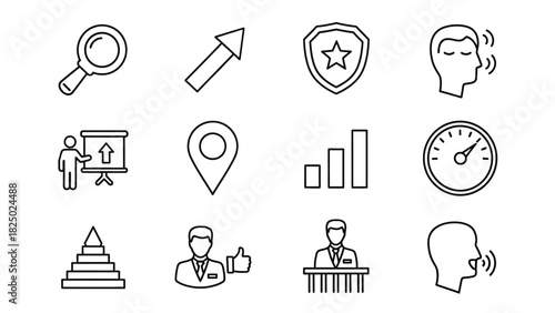 Modern vector outline icon set for business, communication, analytics, and growth. Diverse collection of symbols for digital interfaces, presentations, and corporate strategies