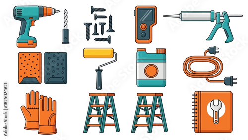 Comprehensive collection of flat vector icons illustrating essential construction, home improvement, and repair tools for DIY enthusiasts and professional tradespeople