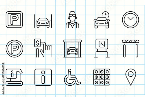 Handdrawn doodle icons of parking, car services, and urban transportation concepts