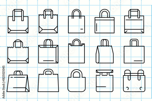 Handdrawn doodle shopping bags set on graph paper background, various designs