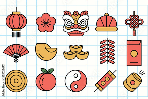 Chinese new year icons set with traditional symbols on grid paper background