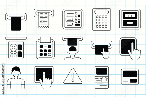 Doodle style atm and banking transaction icons set