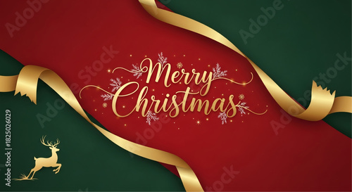 Merry christmas greeting with golden ribbon and reindeer on festive background