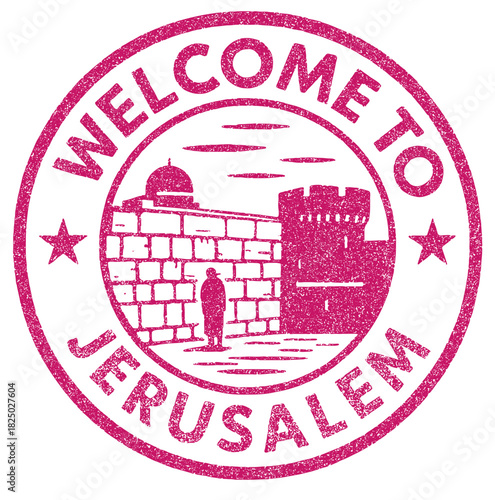 Rubber stamp welcoming visitors to Jerusalem with a focus on the Western Wall in simple vector design
