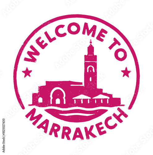 Rubber stamp design featuring the iconic Jemaa el Fna in Marrakech with a vibrant red color scheme