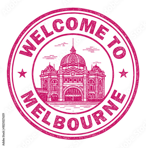 Rubber stamp design welcoming visitors to Melbourne featuring Flinders Street Station in a vibrant red color