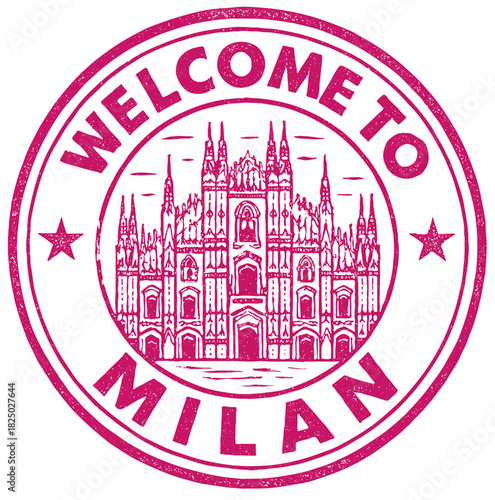 Welcome stamp celebrating Milan Cathedral Duomo with vibrant red design for travelers