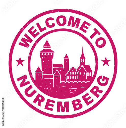 Welcome to Nuremberg Castle rubber stamp design in red vector showcasing the historic architecture of Nuremberg