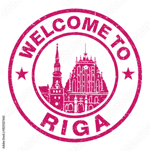 Rubber stamp design welcomes visitors to Riga House of the Blackheads with historical architecture details