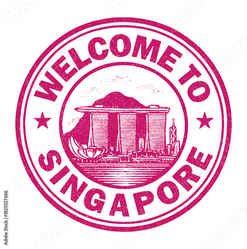Rubber stamp design welcoming visitors to Singapore featuring Marina Bay Sands and scenic views