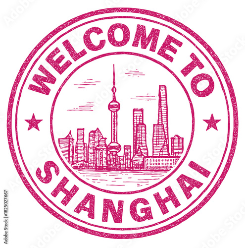 Rubber stamp design featuring welcome to Shanghai with Oriental Pearl Tower and skyline illustration