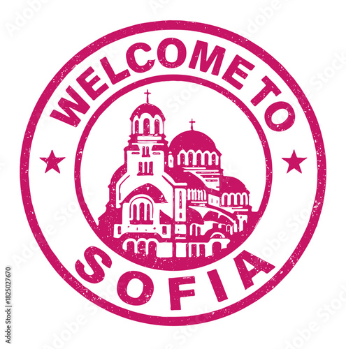 Rubber stamp design with text welcoming visitors to Sofia Cathedral, a historic landmark in Bulgaria