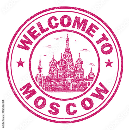 Rubber stamp design featuring welcome to Moscow and St Basil's Cathedral in red vector style
