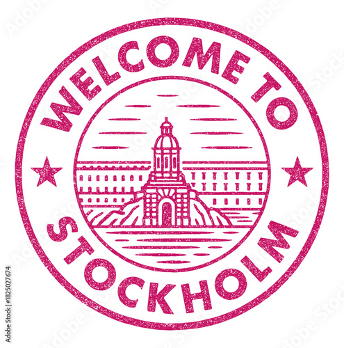 Welcome stamp celebrating the beauty of Stockholm Royal Palace for travelers in a vibrant red vector style