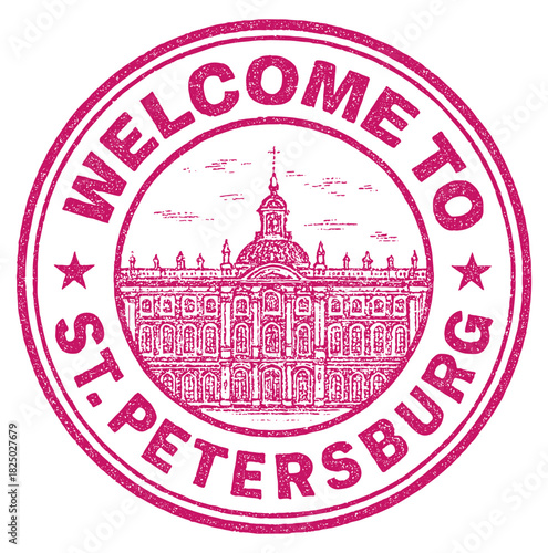 Rubber stamp design welcoming travelers to St Petersburg and its famous Hermitage Museum in vibrant red color