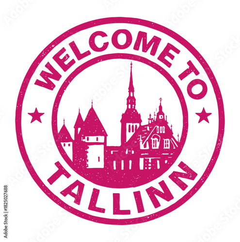 Welcome to Tallin Old Town rubber stamp design featuring iconic buildings and rich history in vibrant red color