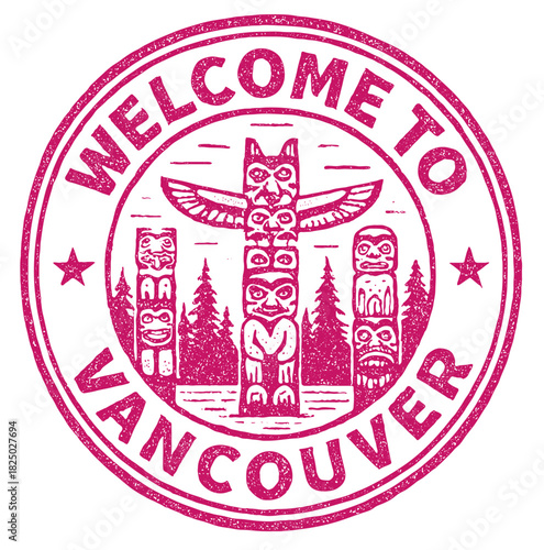 Rubber stamp design showing welcome to Vancouver with totem poles located in Stanley Park in vibrant red color