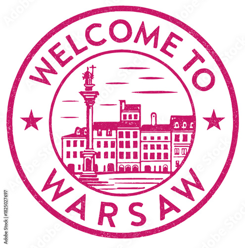 Welcome to Warsaw Old Town rubber stamp design with historical architecture