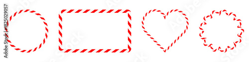 Collection red and white candy cane striped geometric outlines, including circle, rounded rectangle, heart and scalloped circle.Festive set for Christmas design, holiday decor