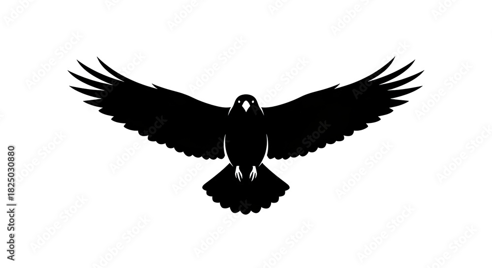 Naklejka premium Black Crow Silhouette Flying Wings Spread Wide Isolated White Background.