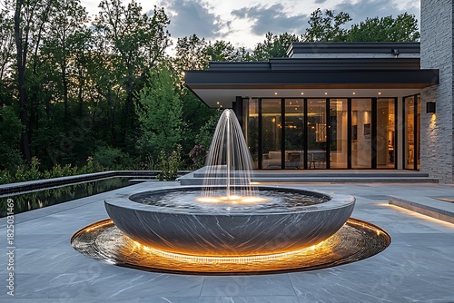 Modern architectural home with large windows and a sleek water feature Image