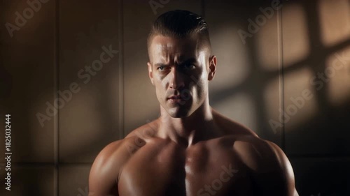 Portrait of a powerful and muscular athlete with an intense gaze, standing unmoving in dramatic lighting, showcasing his defined physique