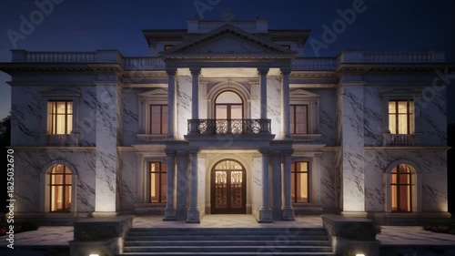 Elegant illuminated building exterior at night with classical architectural design