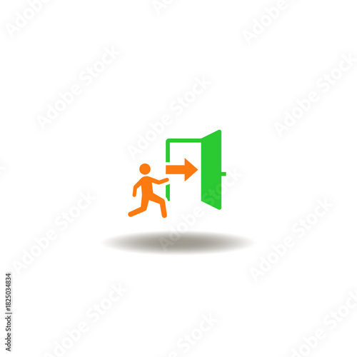 Vector illustration of person running towards the exit door. Symbol of emergency plan. Icon of evacuation.