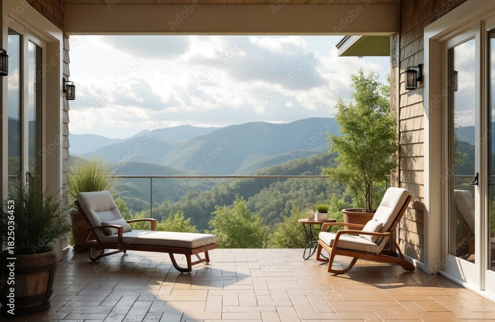 Obraz premium Spacious veranda overlooks expansive green mountains. Modern lounge chairs, small table, potted green plants furnish outdoor space. Balcony provides tranquil panorama from luxury home resort