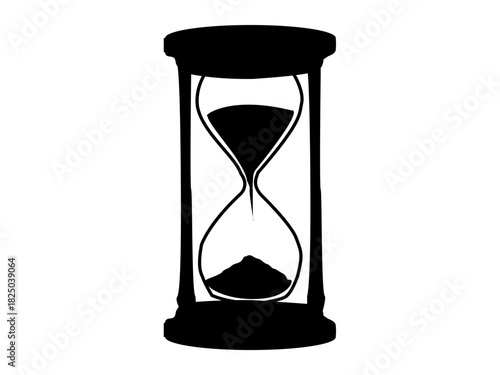 Time management, deadlines, urgency, productivity, countdown, life cycle. A black and white silhouette of an hourglass with sand flowing. Time management and deadlines concept