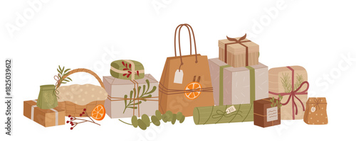 Vintage craft gift box pile in flat graphic style. Kraft present with wrapped eco parcel creates a classic holiday look. Christmas and vintage decor in neutral brown color, modern graphic for seasonal