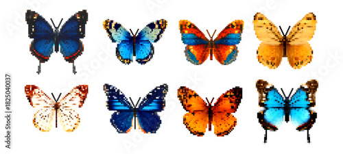 Pixel art butterfly halftone illustration Vector retro design