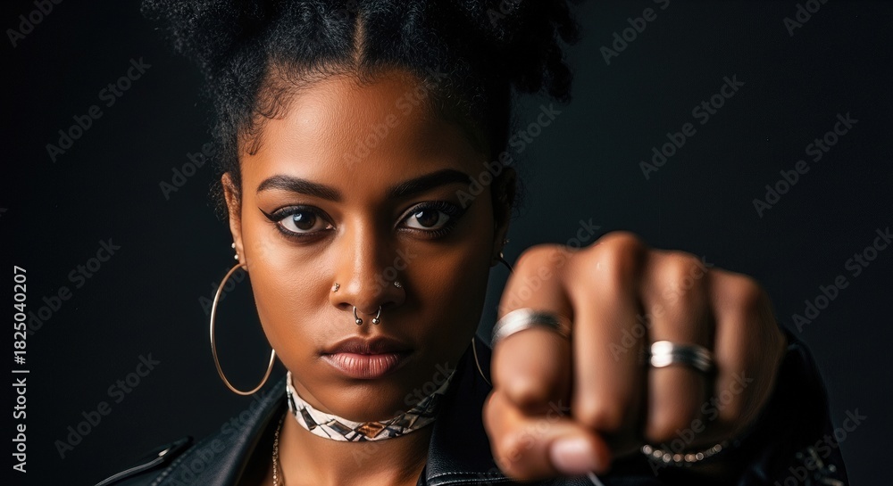 Obraz premium Determined young woman, assertive gaze. Her clenched fist signifies power, solidarity, and the enduring fight for fundamental human rights, justice, and universal equality.