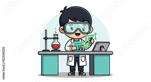 Cartoon scientist in lab coat working with scientific equipment.