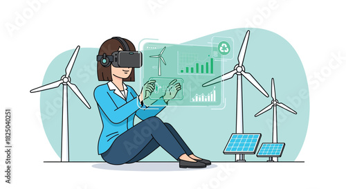 A woman wearing a VR headset interacts with a holographic interface showing data on renewable energy from wind turbines and solar panels.