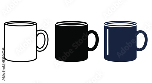 Three simple graphic icons of mugs in outline, black, and blue colors.