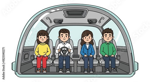 Illustration of four people sitting in a self-driving car.
