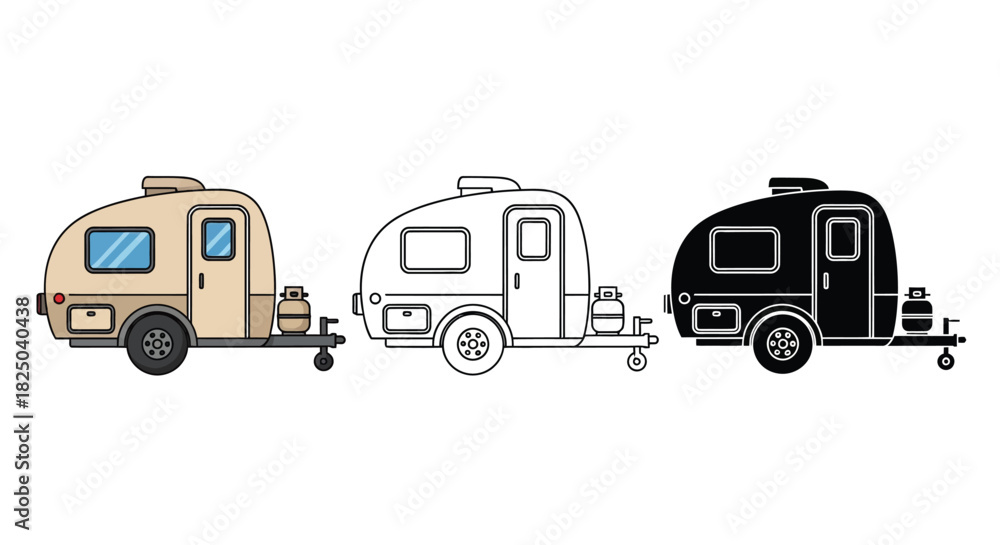 Obraz premium Three illustrations of a teardrop camper trailer in different styles and colors.