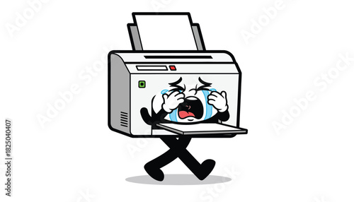 Sad Printer Character Crying and Running - Funny Printer Out of Ink Cartoon