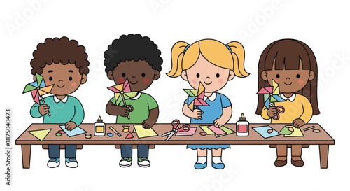 Four diverse children happily engaged in a craft activity, making colorful paper pinwheels at a table with various art supplies.