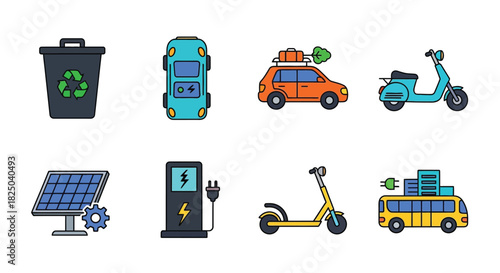 Eco-Friendly Transportation and Green Mobility Color Icon Set