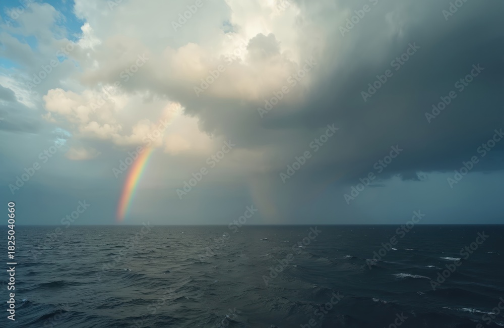 Obraz premium Vast ocean waves crash under dramatic sky. Dark storm clouds cover horizon. Bright colorful rainbow arches into water from lighter clouds. Faint double rainbow appears next to main one. Natural