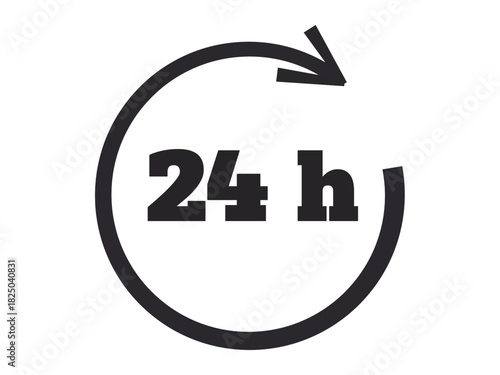 Customer service, nonstop delivery, support systems, time management, availability, functionality. Circular arrow encircling 24 h text. Customer service and nonstop delivery concepts